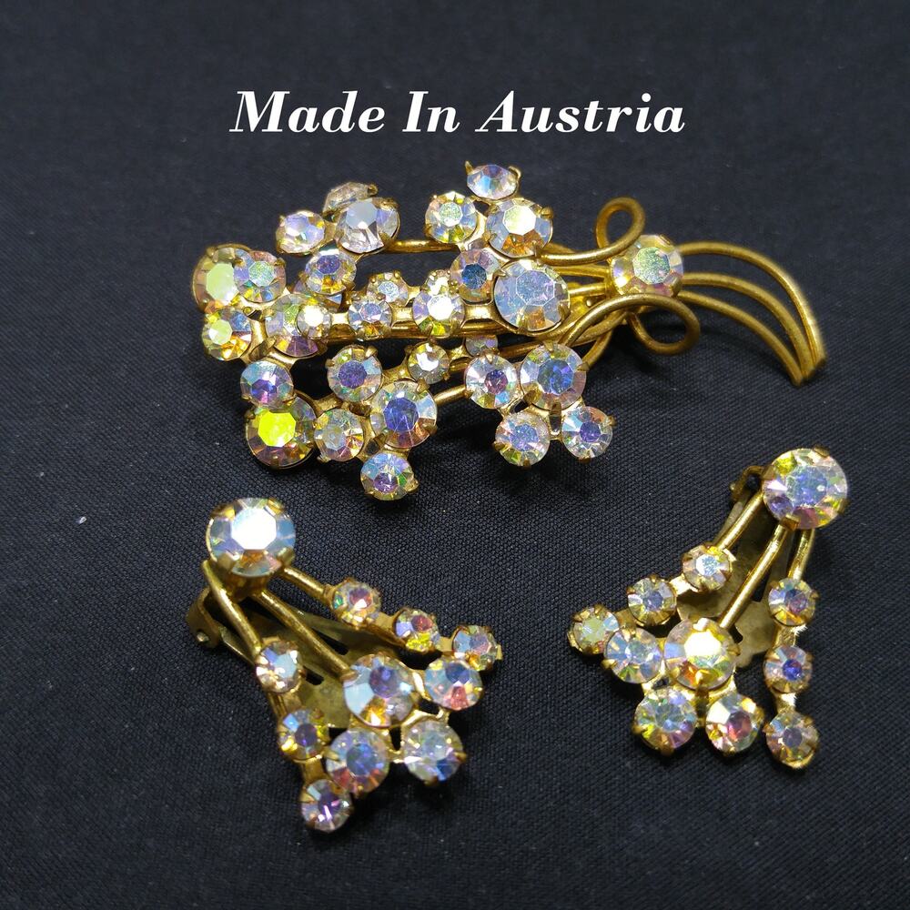 Austria Clear Brooch Clip Earrings, Aurora Borealis Floral 1950s Vintage Jewelry